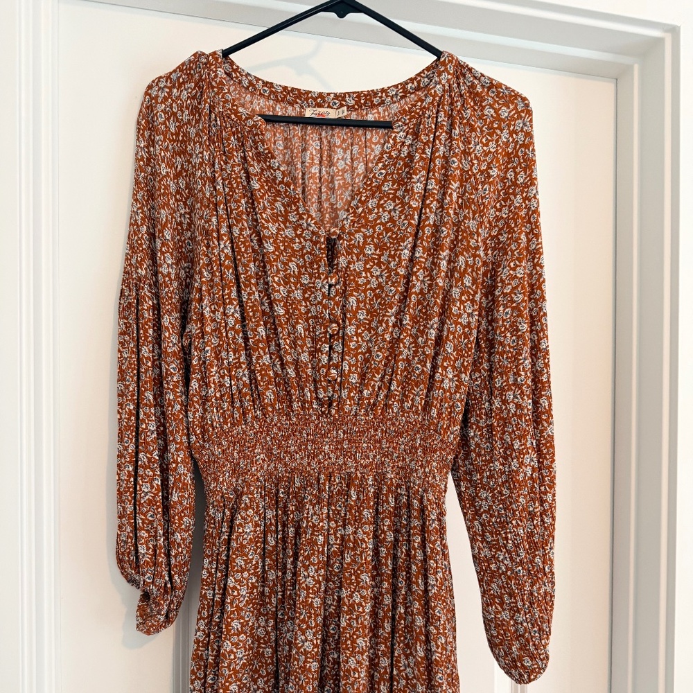 Women's Rust Floral Long-Sleeve Smocked Waist Dress